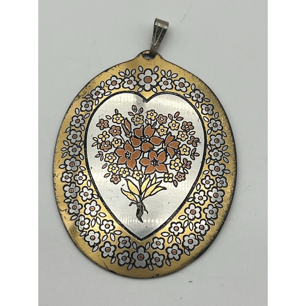 LARGE VINTAGE REED & BARTON DAMASCENE NECKLACE PENDANT HEART FLOWER BOUQUET‎